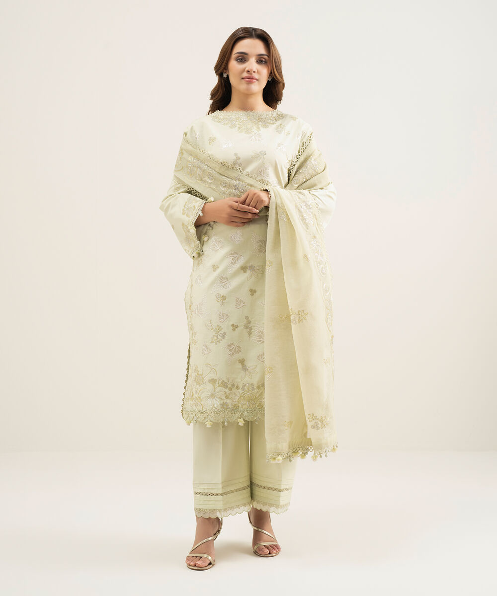 Women's Unstitched Lawn Embroidered Green 3 Piece Suit