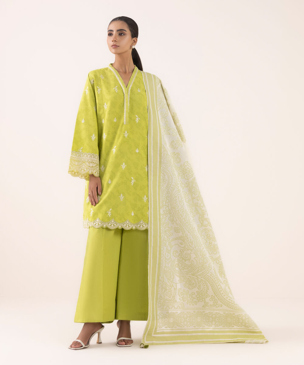Women's Unstitched Jacquard Embroidered Green Three Piece Suit