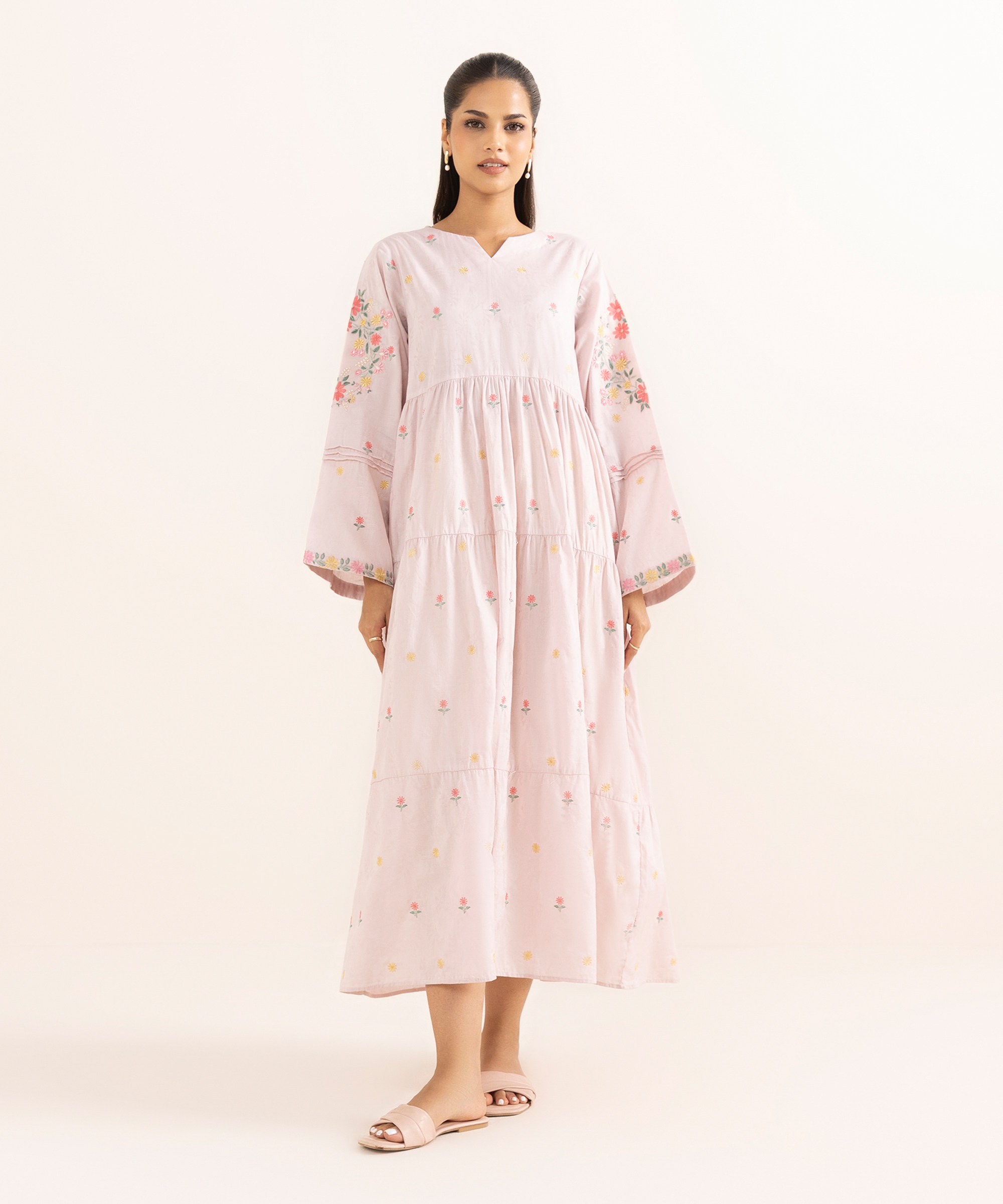 Woman’s Embroidered White Jacquard Tier Dress