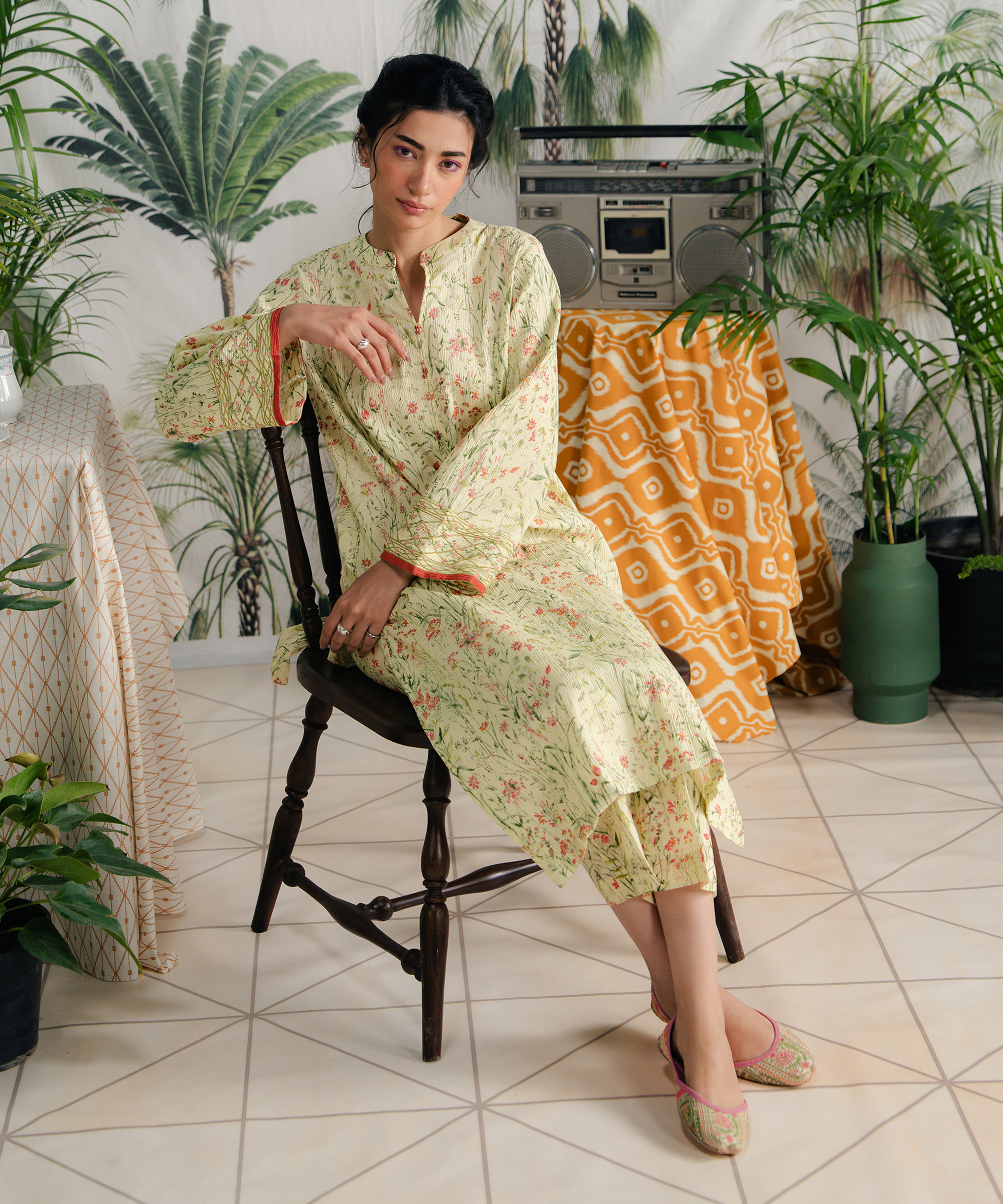 Woman’s Printed Lime Yellow Seersucker A-Line Shirt